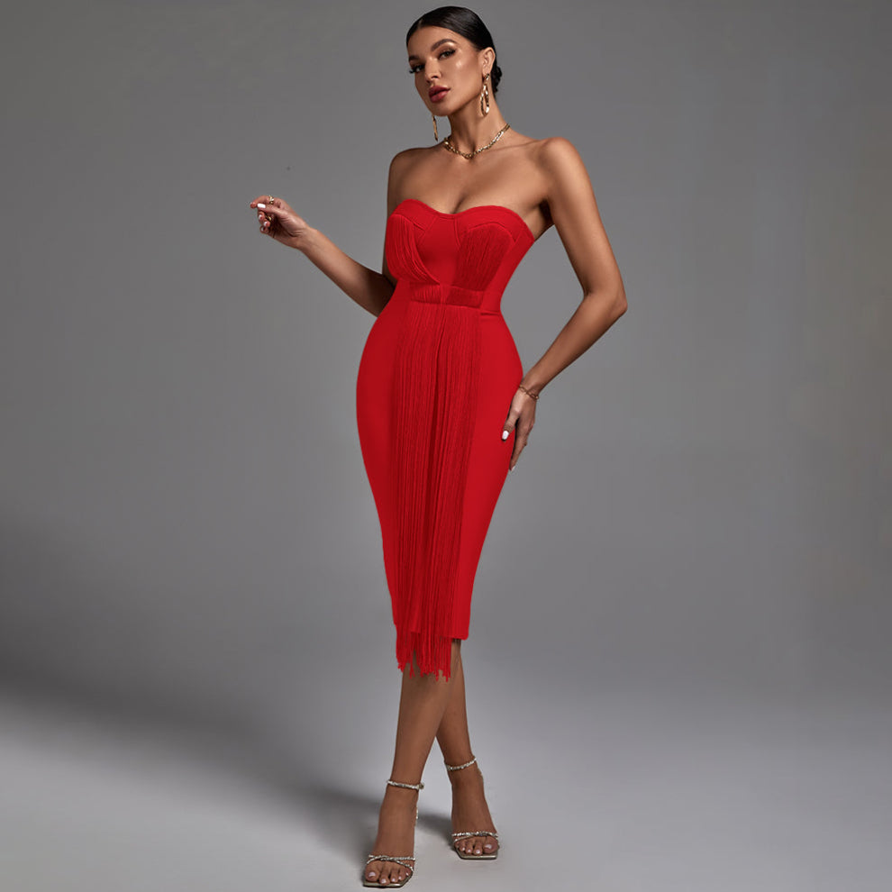 Strapless Sleeveless Tassels Over Knee Bandage Dress Ins Street