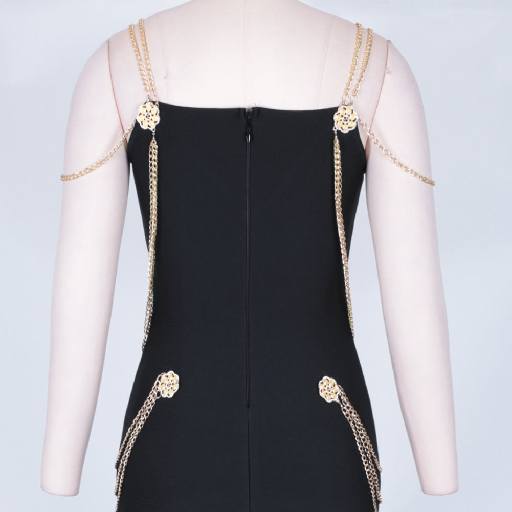 Metal Ornamental Buckle  Chain  Maxi Bandage Dress PP19349