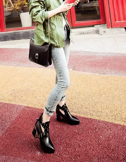 Leather Buckle High Heels Boots