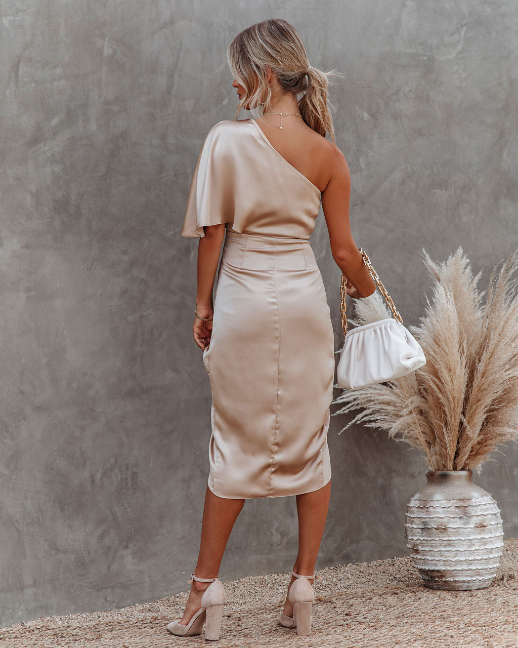 Persimmon One Shoulder Satin Drape Dress - Champagne DO+B-001