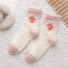 Süße rosa Erdbeermilch-Flauschsocken, 5 Paar