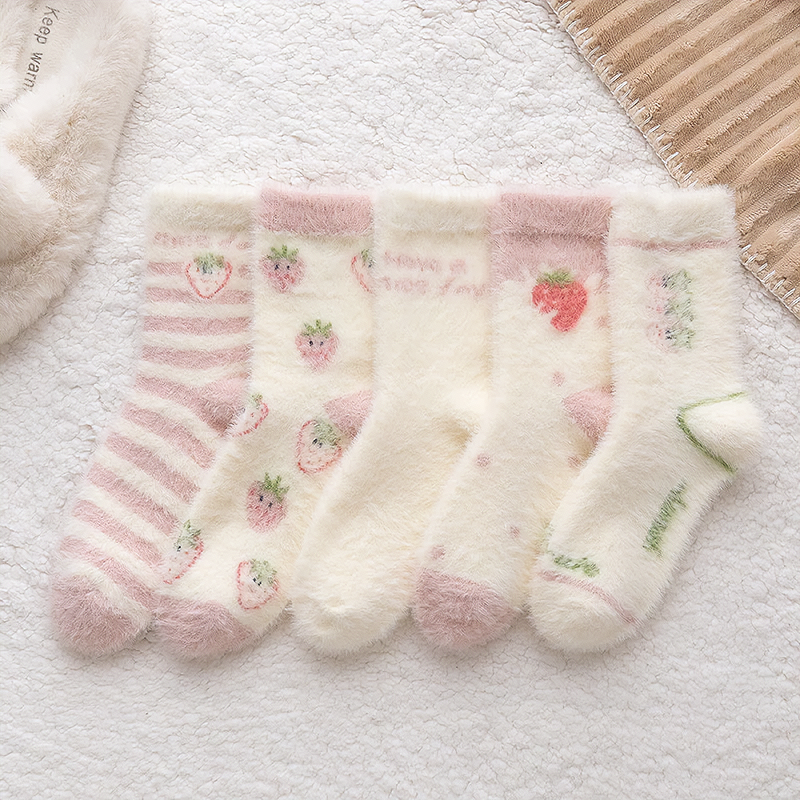 Süße rosa Erdbeermilch-Flauschsocken, 5 Paar