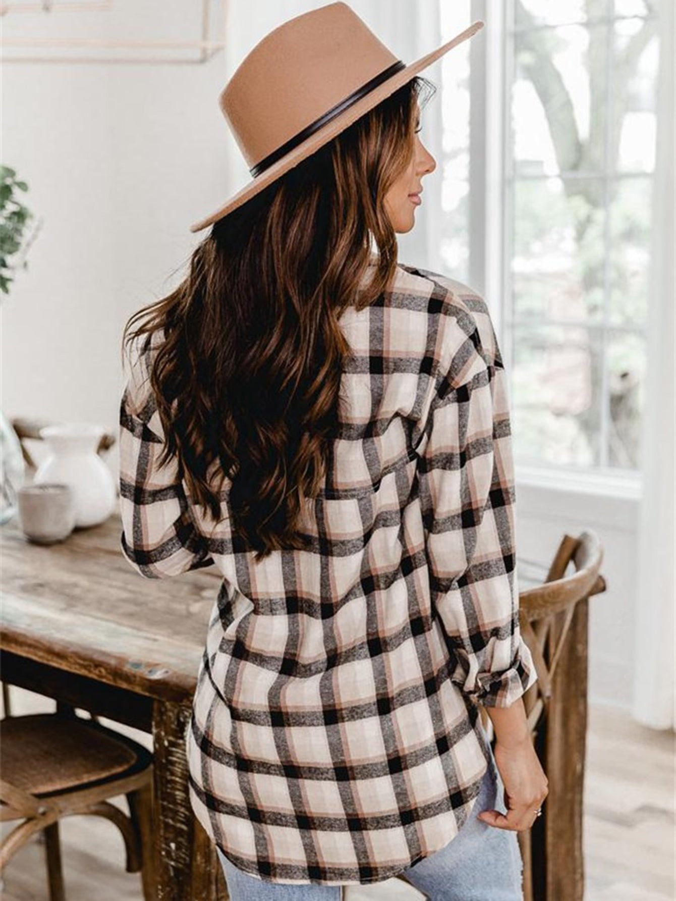 Plaid Print Drop Shoulder Blouse