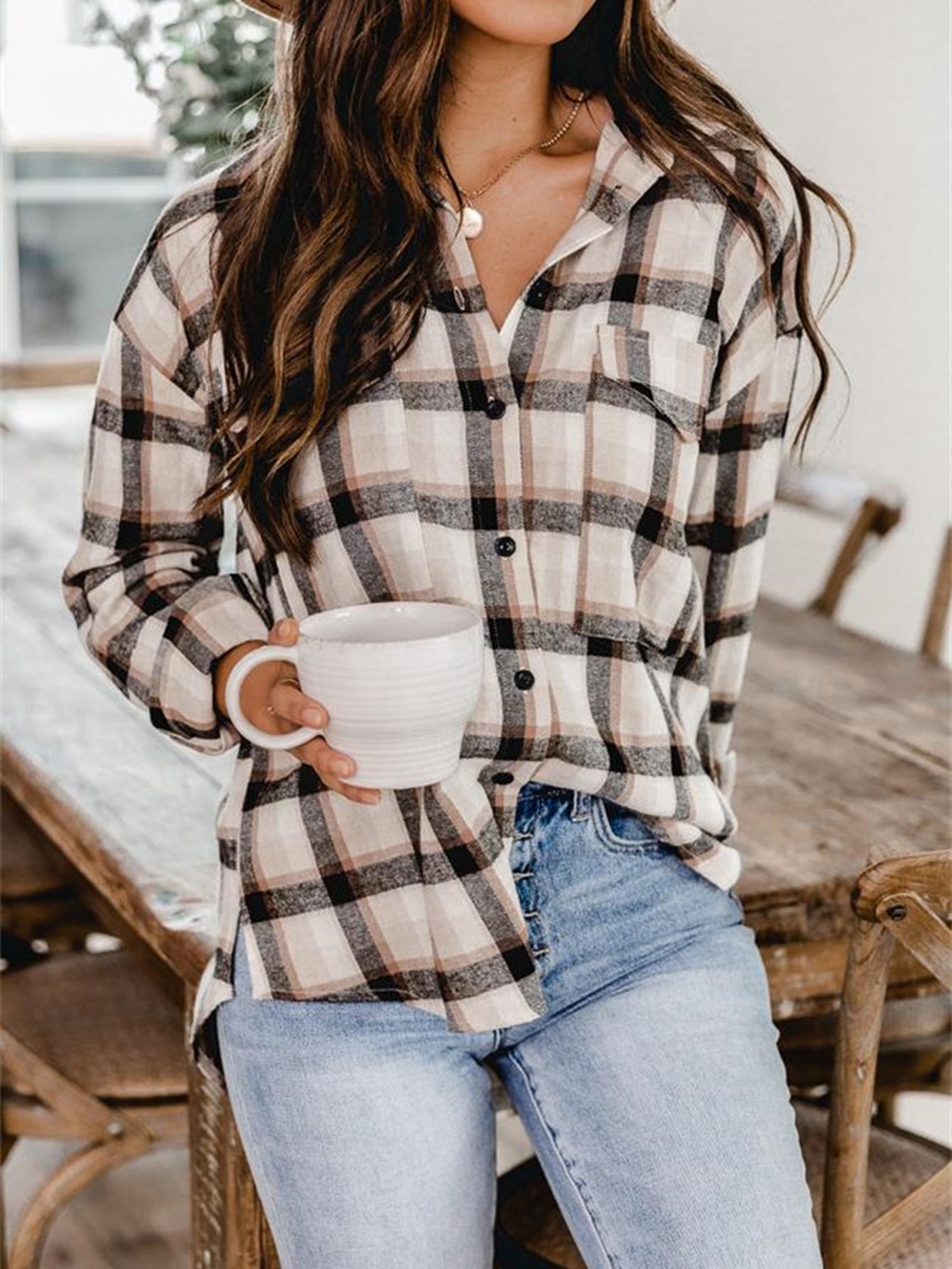 Plaid Print Drop Shoulder Blouse
