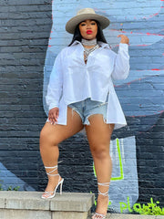 Plus Size Solid Button Up Assymetrical Hem Shirt Sai Feel