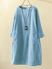 Plus size Commuter midskirt Corduroy loose collar quarter sleeve pullover dress Sai Feel