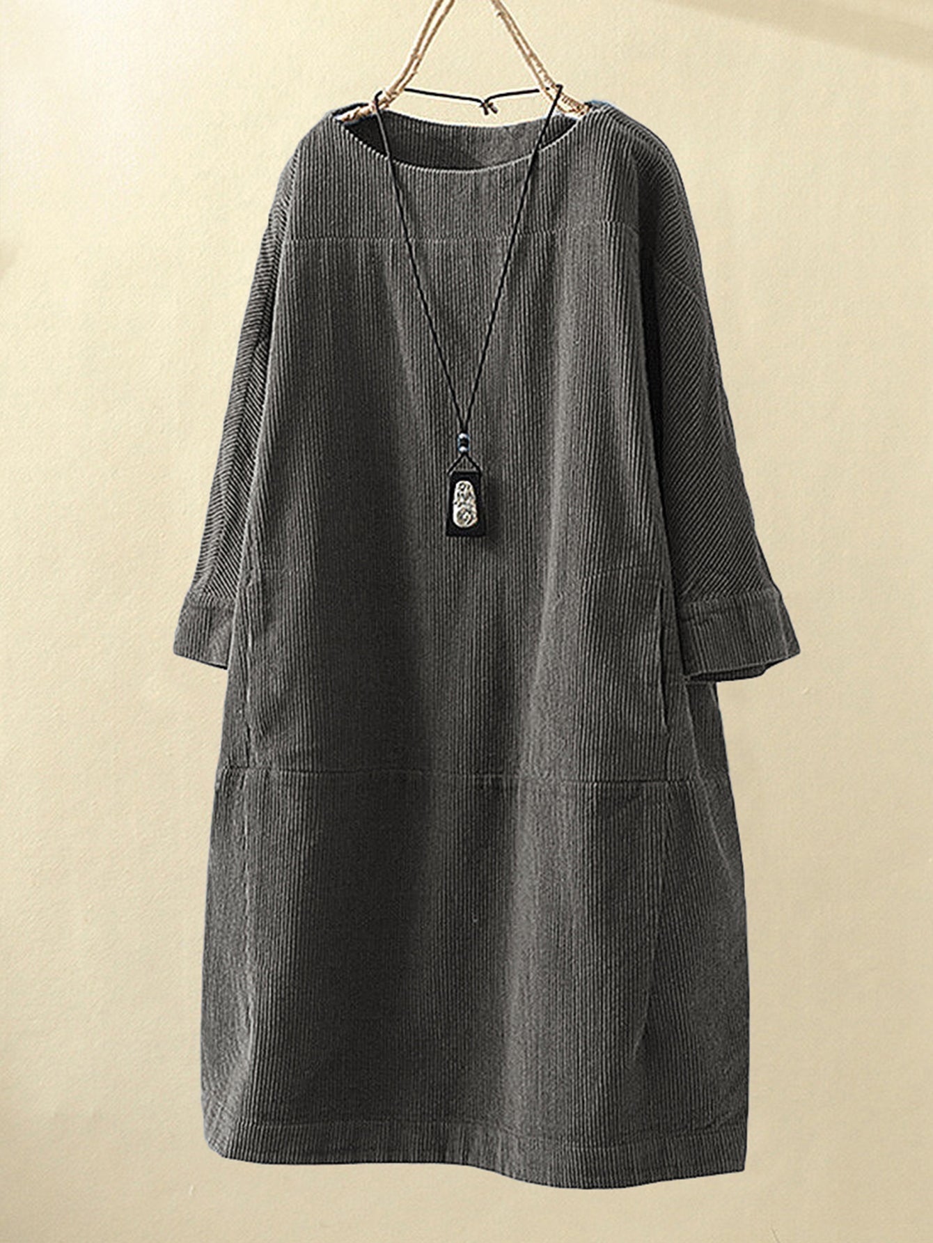 Plus size Commuter midskirt Corduroy loose collar quarter sleeve pullover dress Sai Feel