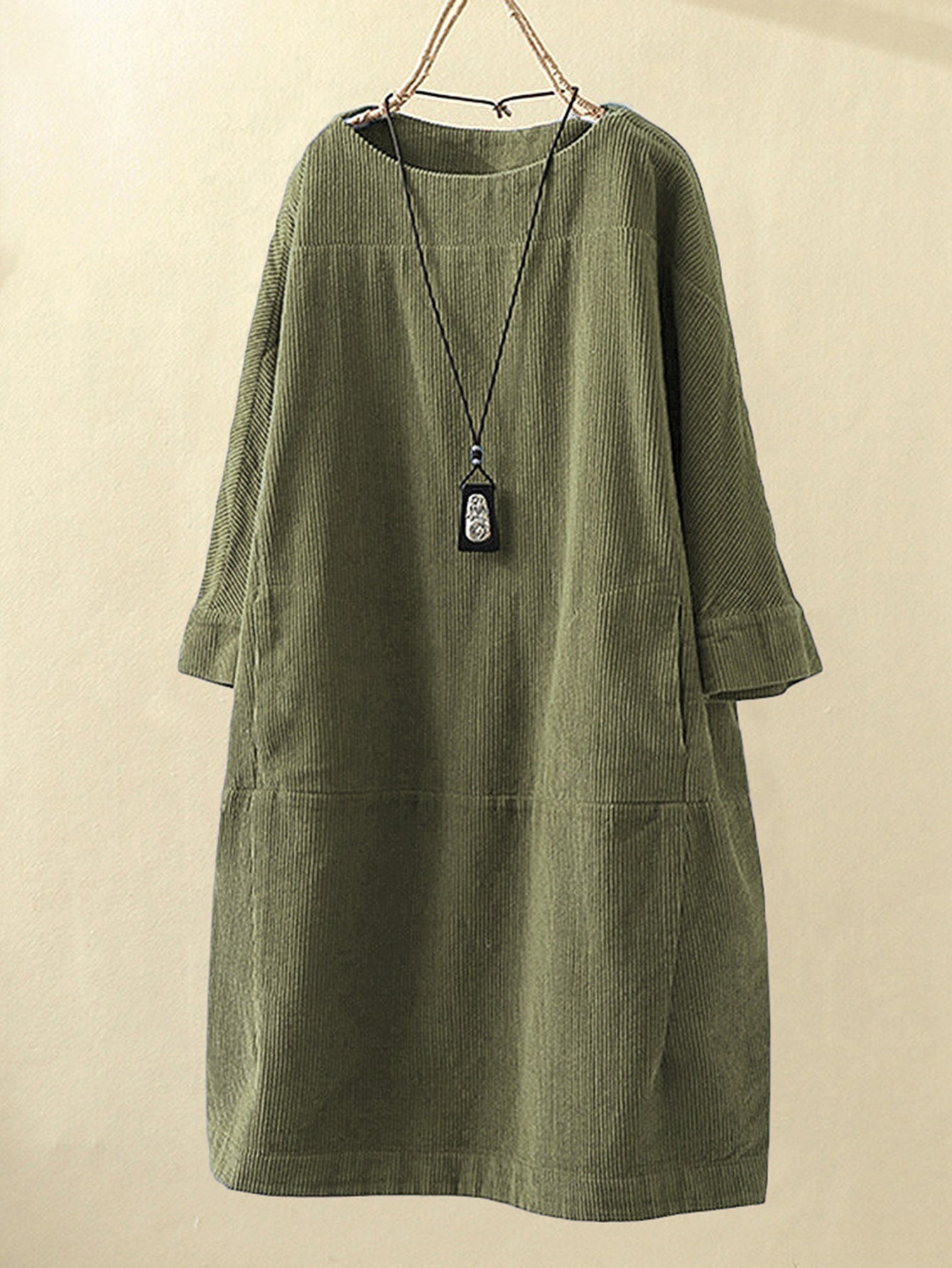Plus size Commuter midskirt Corduroy loose collar quarter sleeve pullover dress Sai Feel