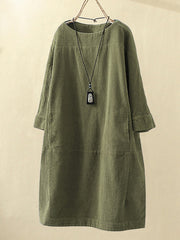Plus size Commuter midskirt Corduroy loose collar quarter sleeve pullover dress Sai Feel