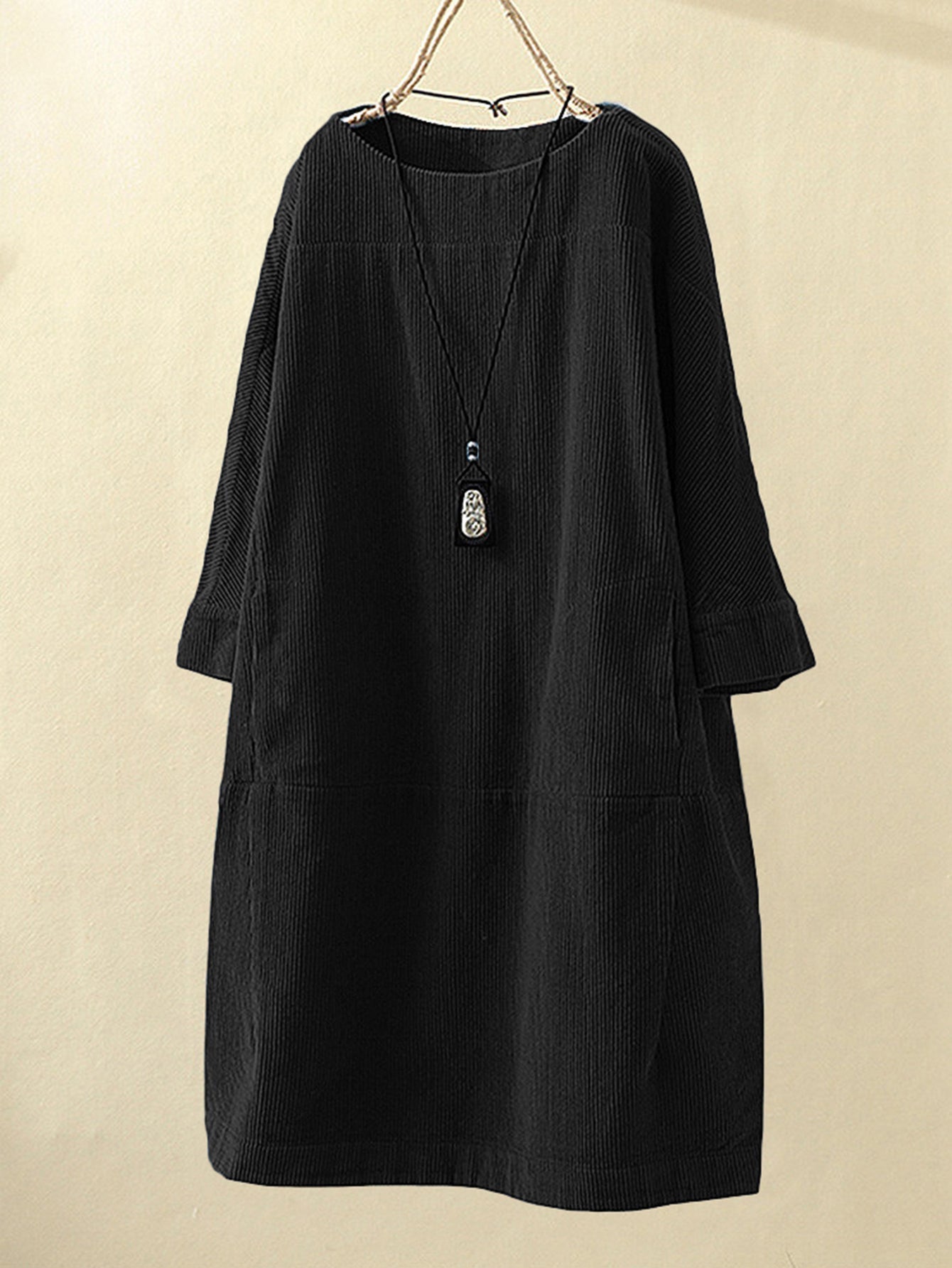 Plus size Commuter midskirt Corduroy loose collar quarter sleeve pullover dress Sai Feel