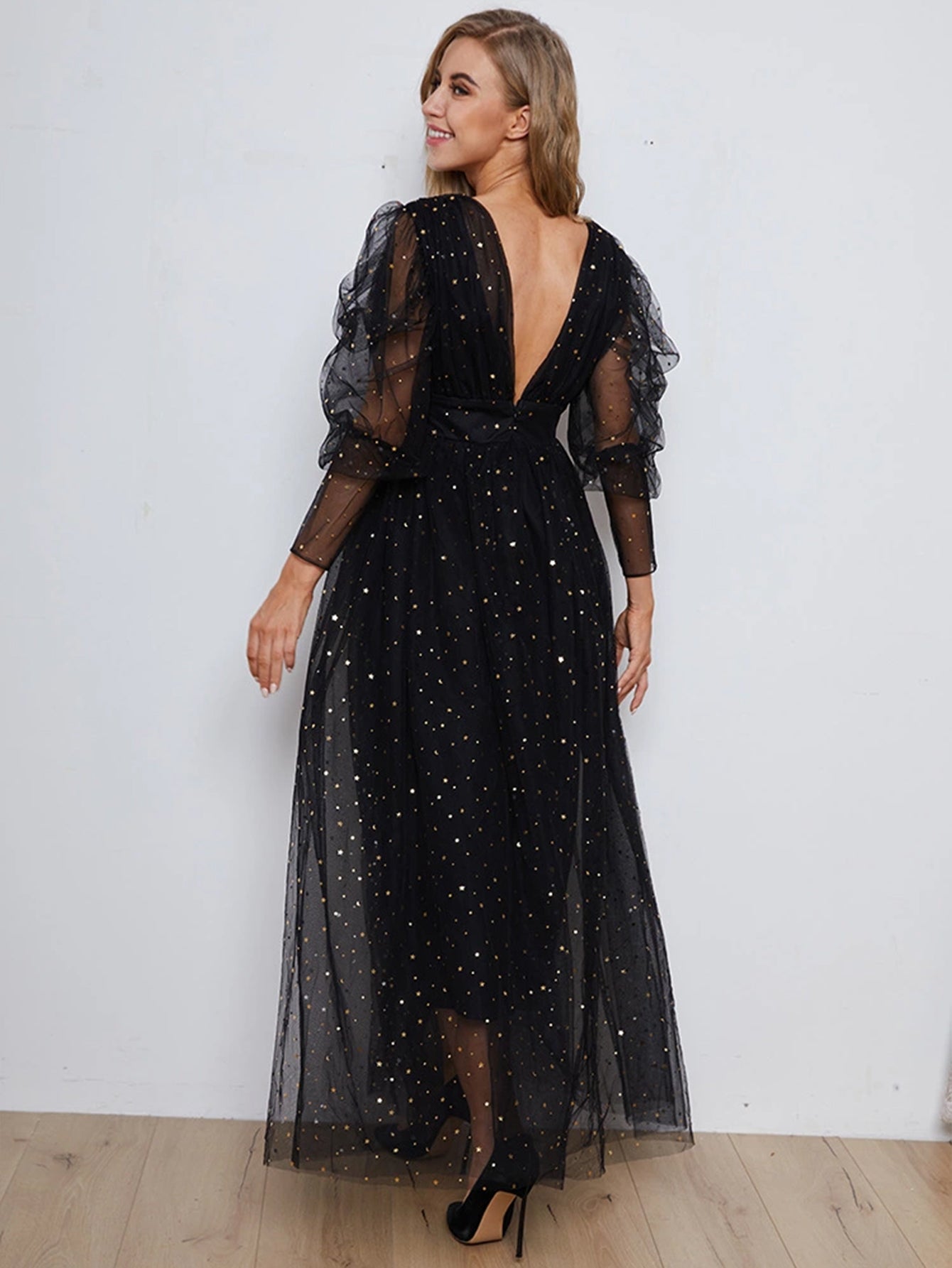 Puff Sleeve Deep V-Neck Bodice Mesh Prom Dress Sai Feel