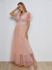 Puff Sleeve Deep V-Neck Bodice Mesh Prom Dress Sai Feel