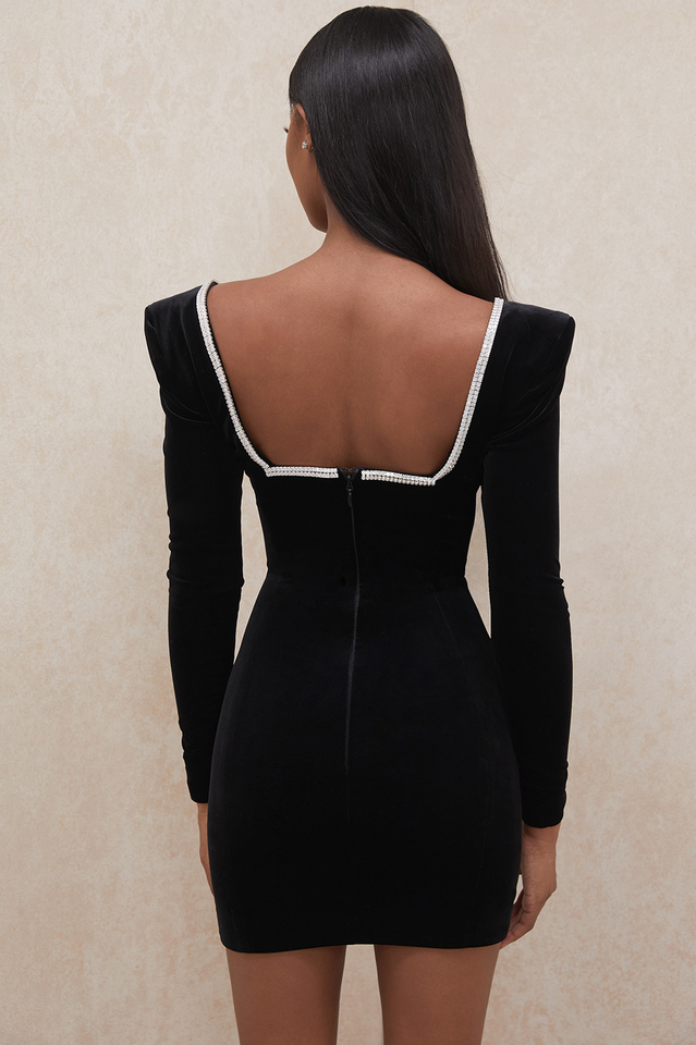 Minikleid mit tiefem Ausschnitt und Kristallen aus Samt