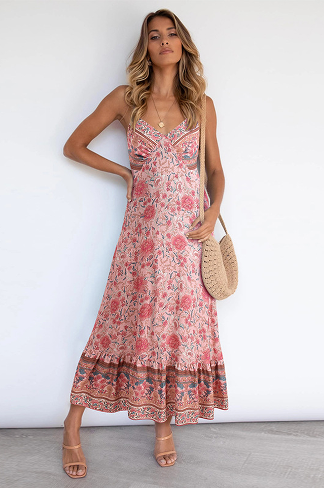 V Neck Floral Boho Dress Newgew
