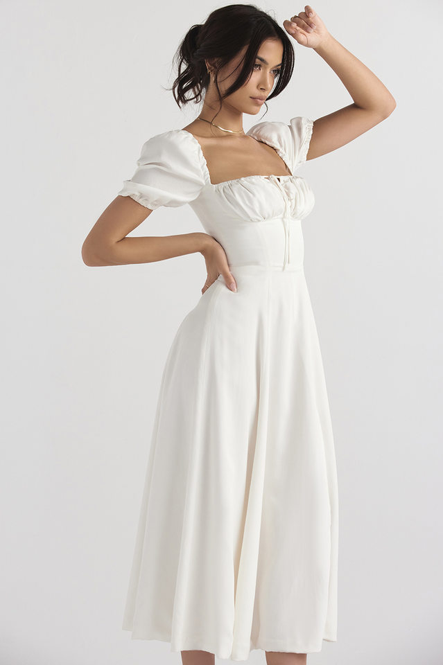 Tallulah White Puff Sleeve Midi Dress Newgew