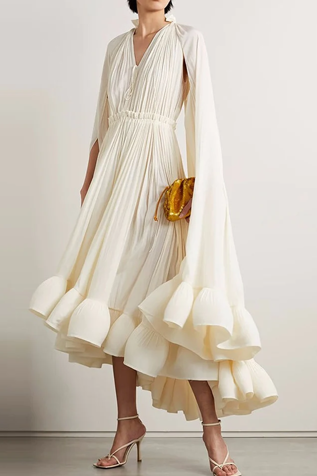 Tie Detailed Ruffled Crepe Dress Newgew