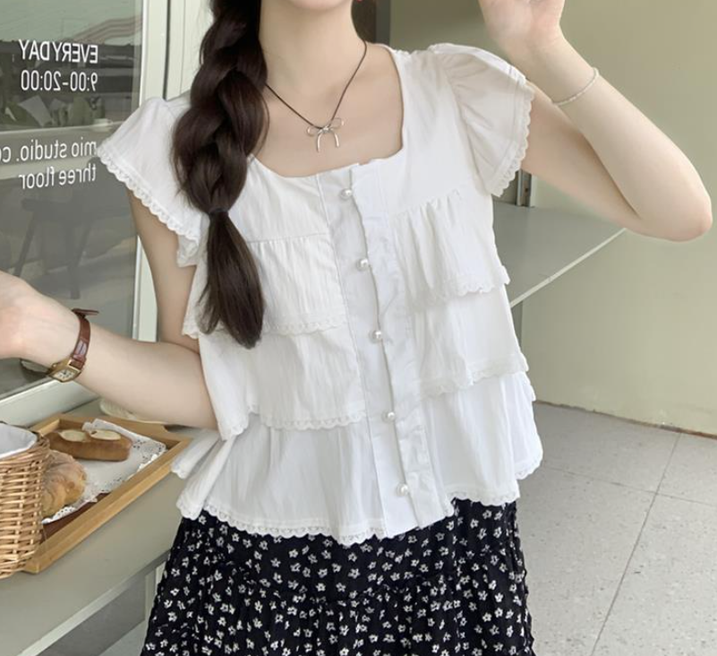 Maja Tiered Swiss Dot Button Down Top - Cream