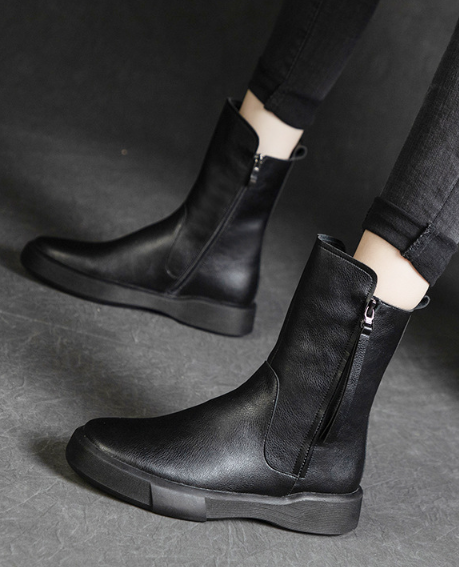 Damen Retro-Stiefel mit halbhohem Schaft für den Winter, Stiefel mit seitlichem Reißverschluss, Schwarz/Khaki