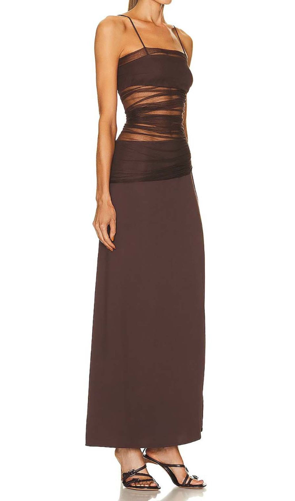 Maxikleid aus Netzstoff mit Riemchenmuster in Braun