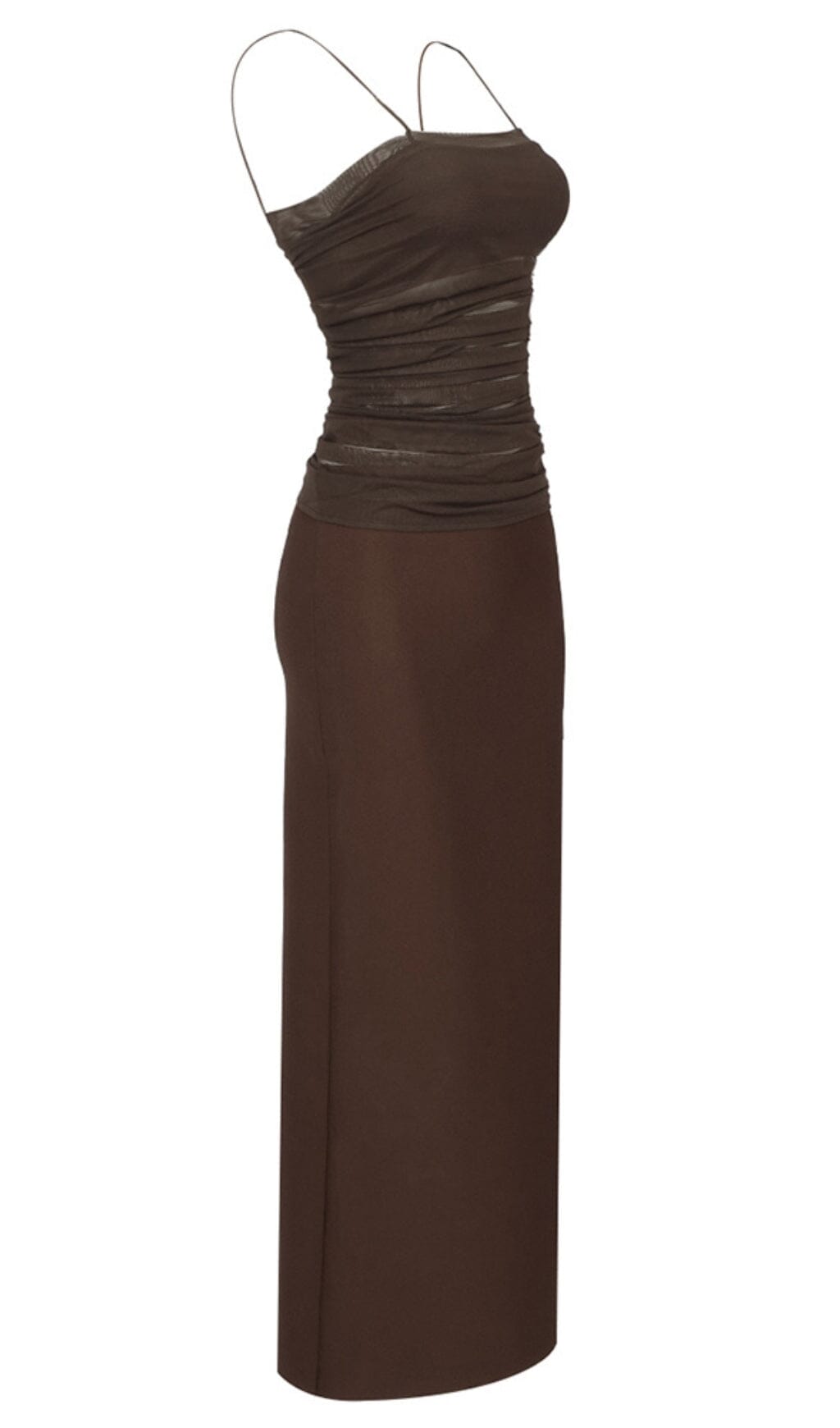 Maxikleid aus Netzstoff mit Riemchenmuster in Braun