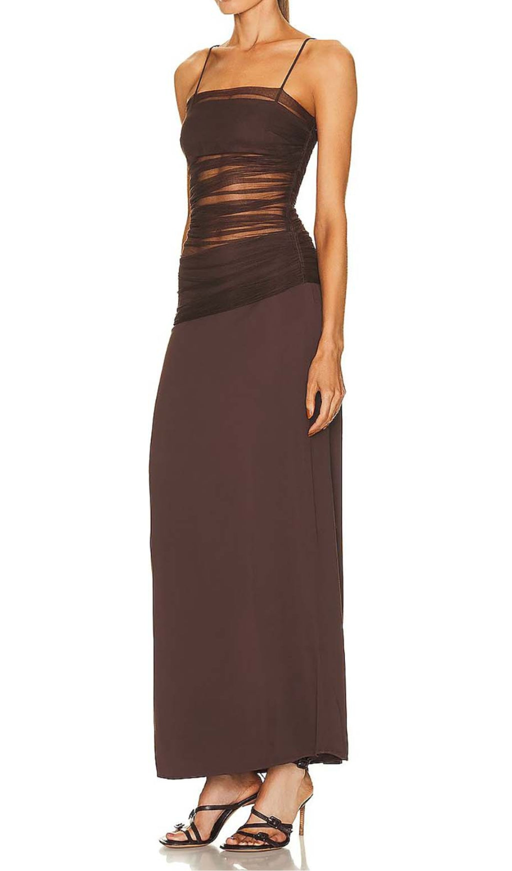 Maxikleid aus Netzstoff mit Riemchenmuster in Braun