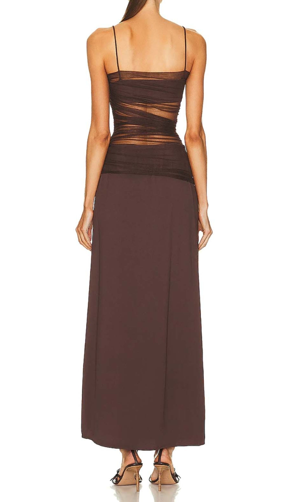 Maxikleid aus Netzstoff mit Riemchenmuster in Braun