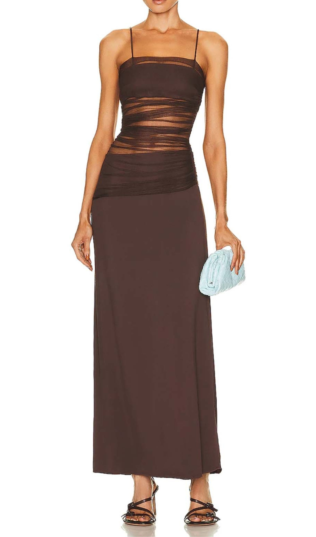 Maxikleid aus Netzstoff mit Riemchenmuster in Braun