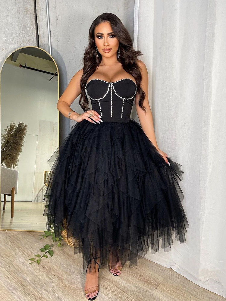 Rhinestone Tube Tulle Prom Midi Dress