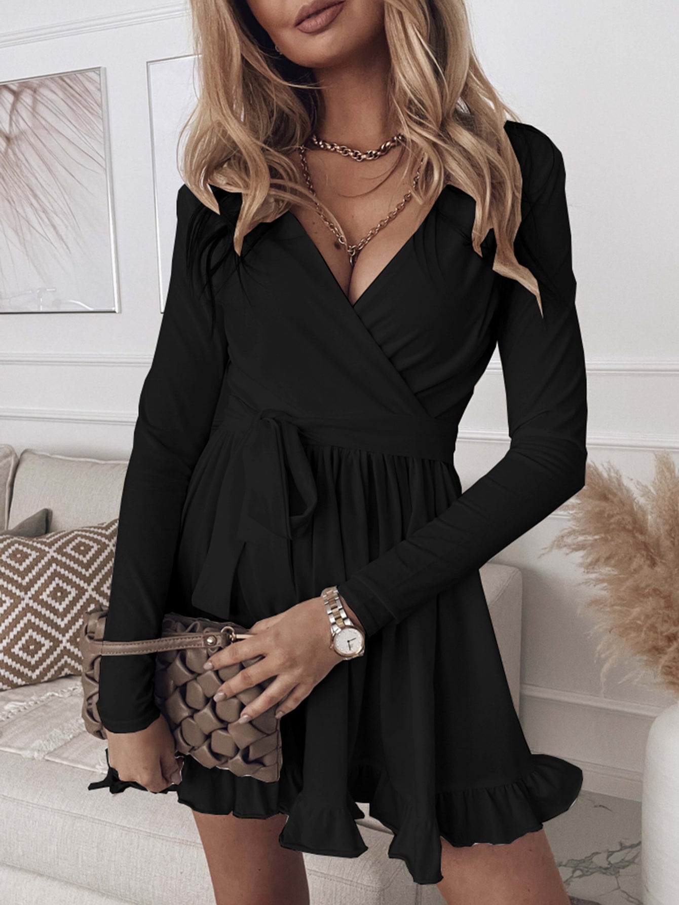 Ruffle Hem Solid A-line Dress Sai Feel