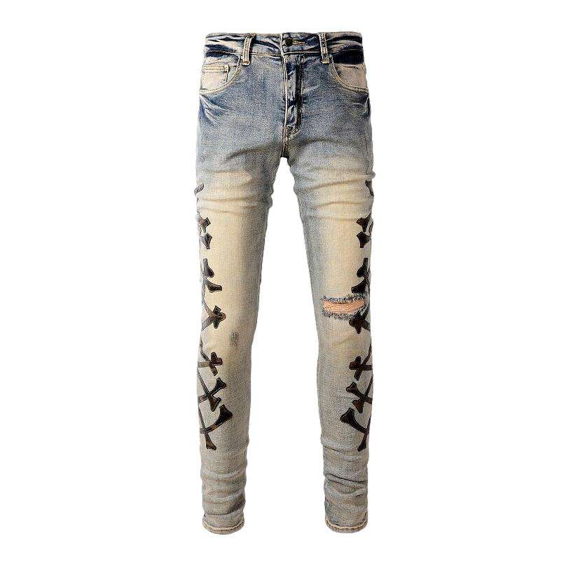 Leather bones embroidery men jeans