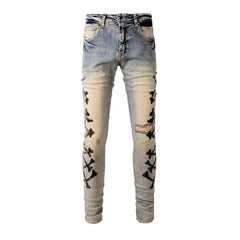 Leather bones embroidery men jeans