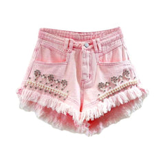Distressed hem pearl denim shorts