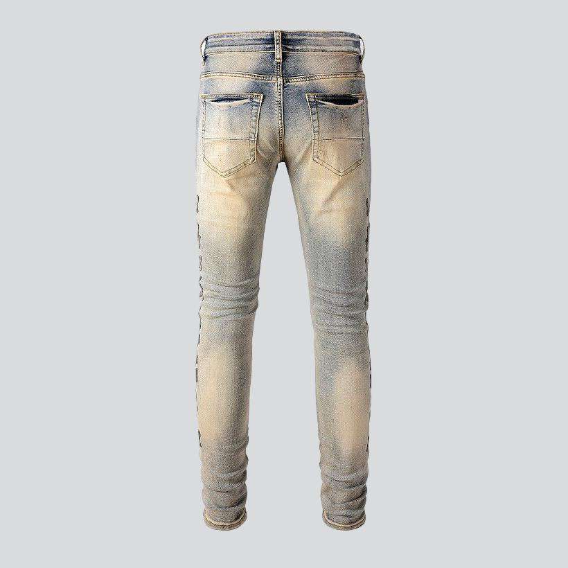 Leather bones embroidery men jeans
