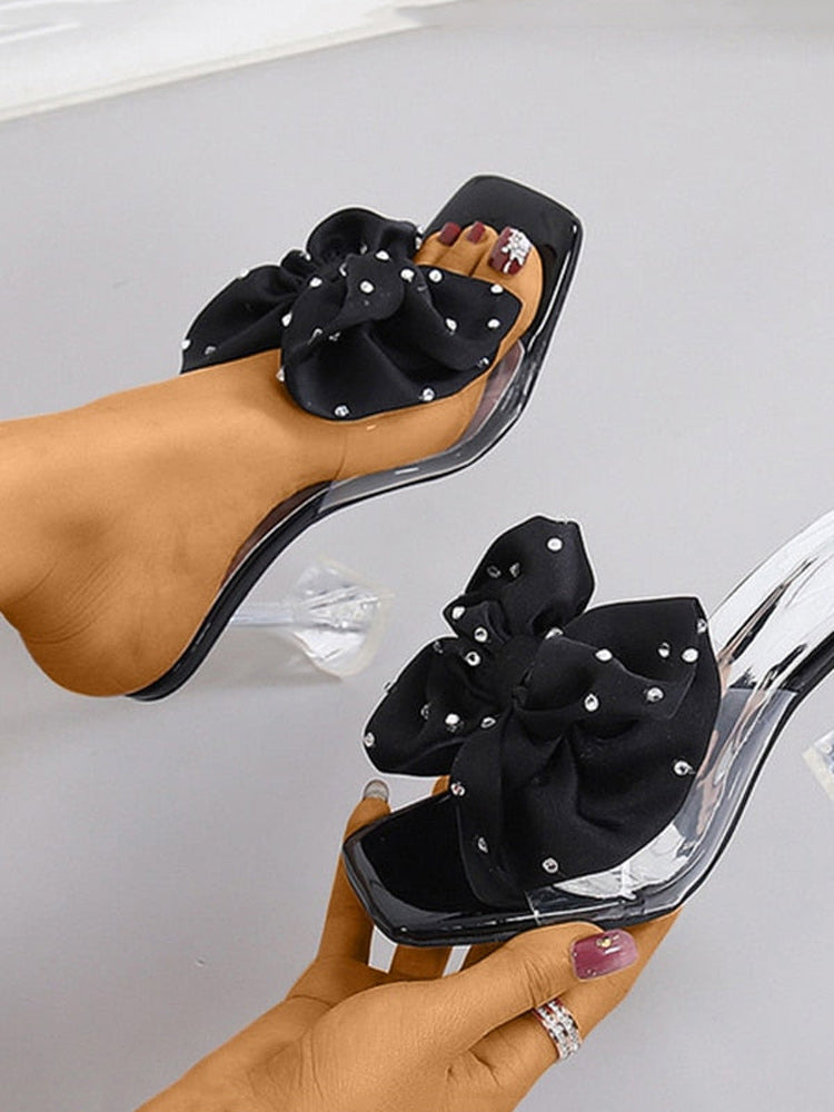Sandalen aus Seide mit Schleife und Strass-Deko