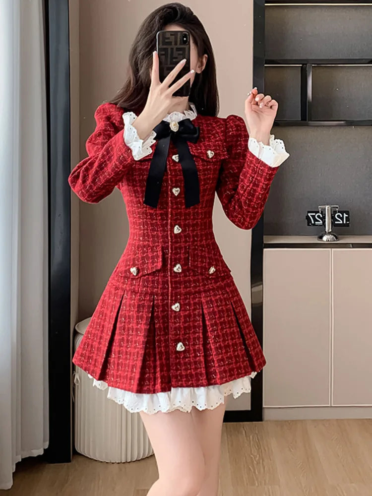 Korean Pleated Tweed Office Dress