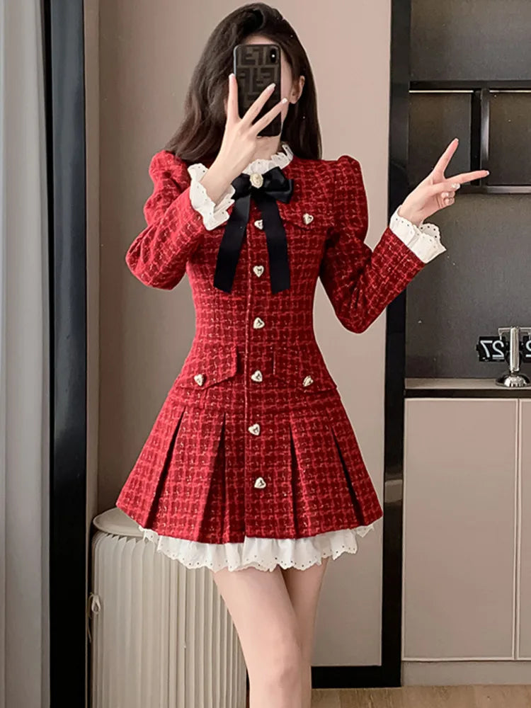 Korean Pleated Tweed Office Dress