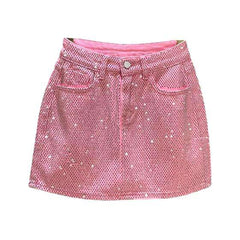 Crystal-embellished mini denim skirt