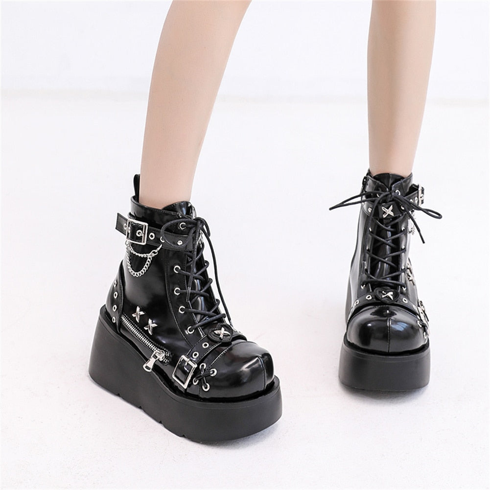 Goth Plateau Stiefeletten Schnalle Reißverschluss Niet Punk Wedges High Heels Stiefel Schuhe