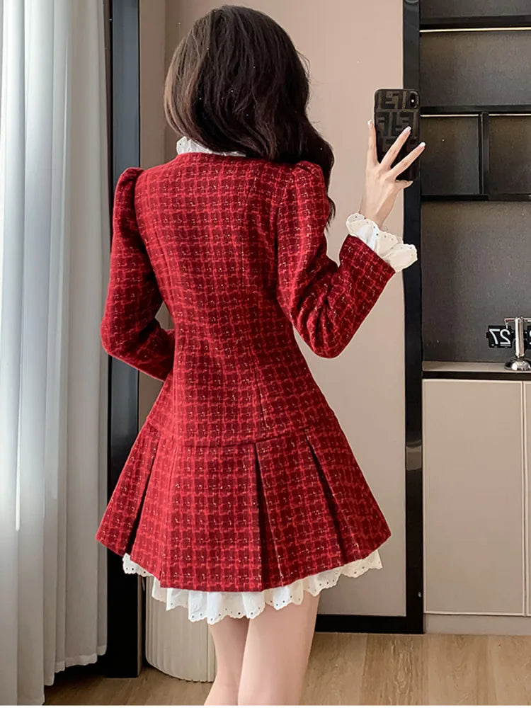 Korean Pleated Tweed Office Dress