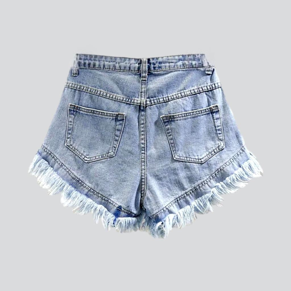 Distressed hem pearl denim shorts