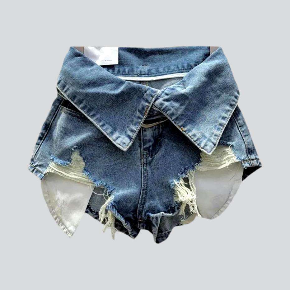 Collar waistband distressed denim shorts