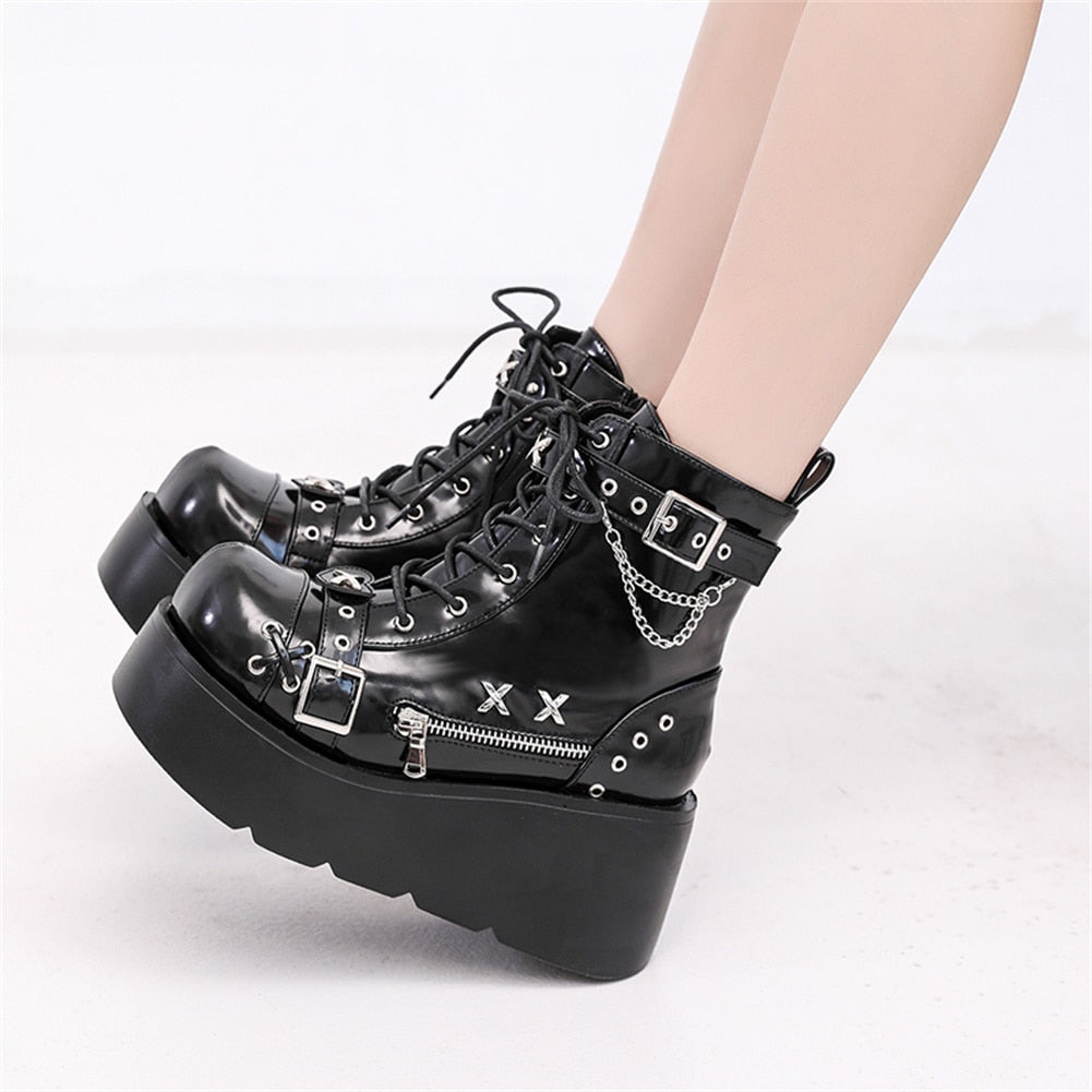Goth Plateau Stiefeletten Schnalle Reißverschluss Niet Punk Wedges High Heels Stiefel Schuhe