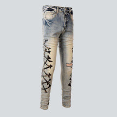 Leather bones embroidery men jeans