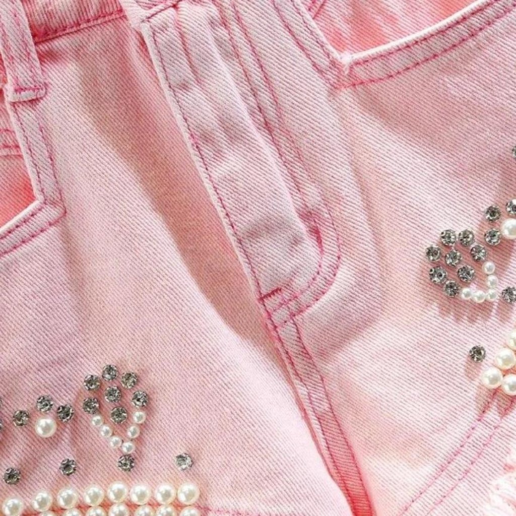 Distressed hem pearl denim shorts