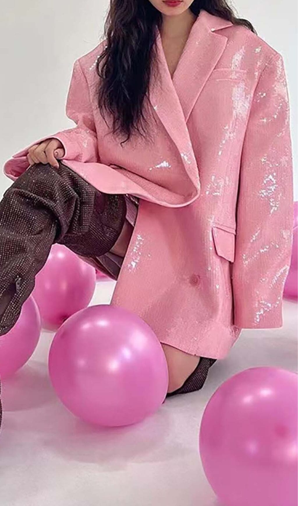 Sequined Double Breasted Long Blazer In Pink