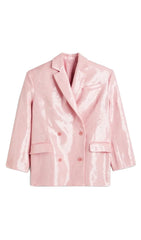 Sequined Double Breasted Long Blazer In Pink