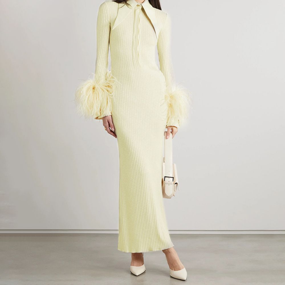 High Neck Long Sleeve Maxi Feather Bodycon Dress