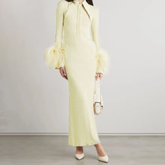 High Neck Long Sleeve Maxi Feather Bodycon Dress