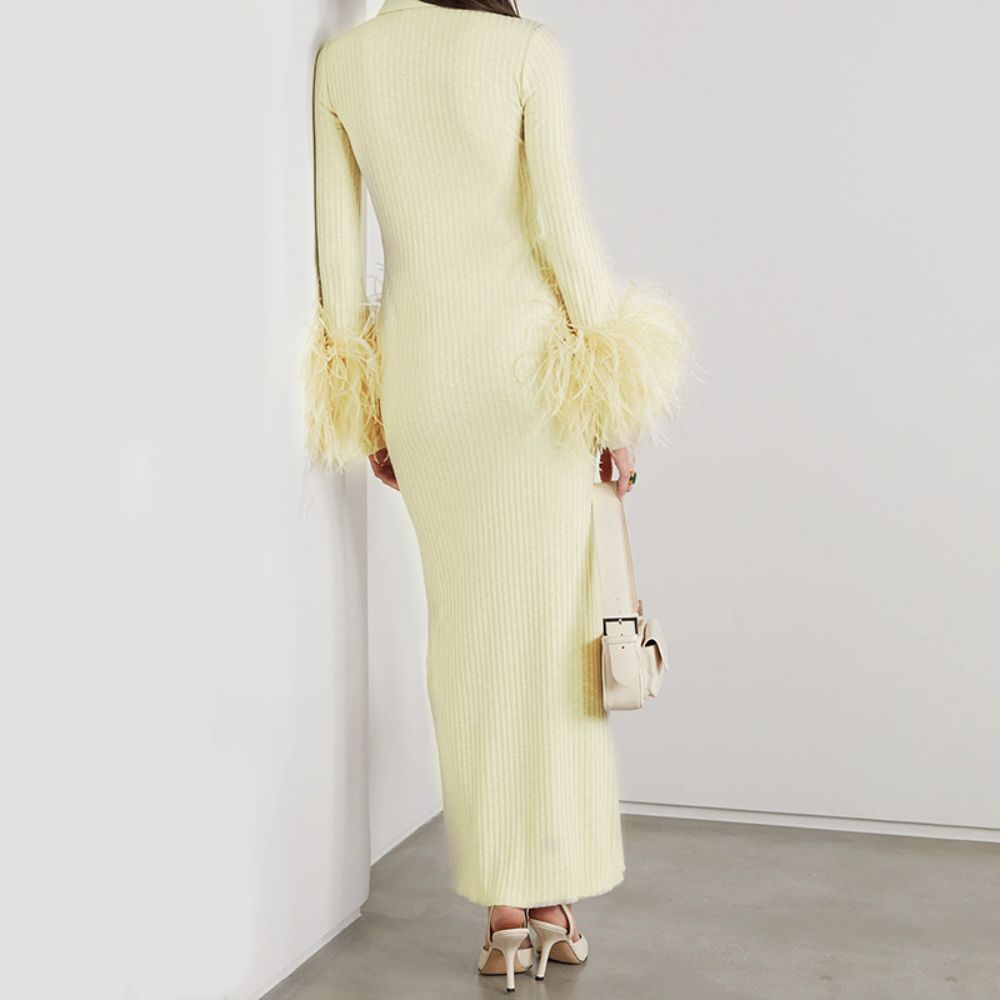 High Neck Long Sleeve Maxi Feather Bodycon Dress