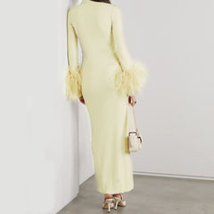High Neck Long Sleeve Maxi Feather Bodycon Dress